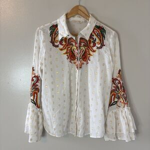 Soft Surroundings Embroidered Paisley Top Gold Dots Bell Sleeves Shirt Sz Medium